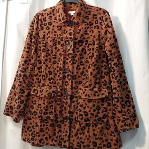 J. Jill Womens Black Brown Animal Print Corduroy Button Front Jacket Size Small